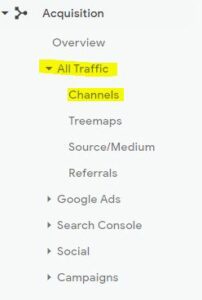 Google analytics screenshot with All traffic and channels highlighted