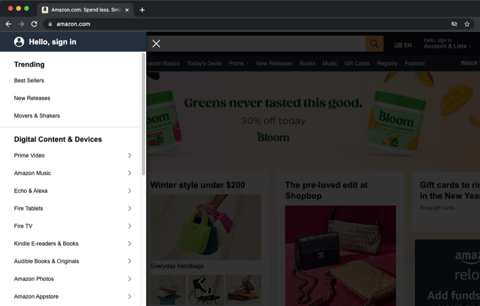 Screenshot of Amazon homepage with dropdown menu