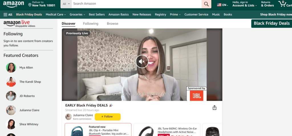Amazon’s live shopping homepage