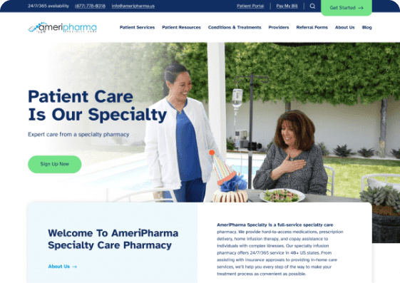 AmeriPharma Specialty Care website with patient care headline and healthcare imagery on a desktop screen