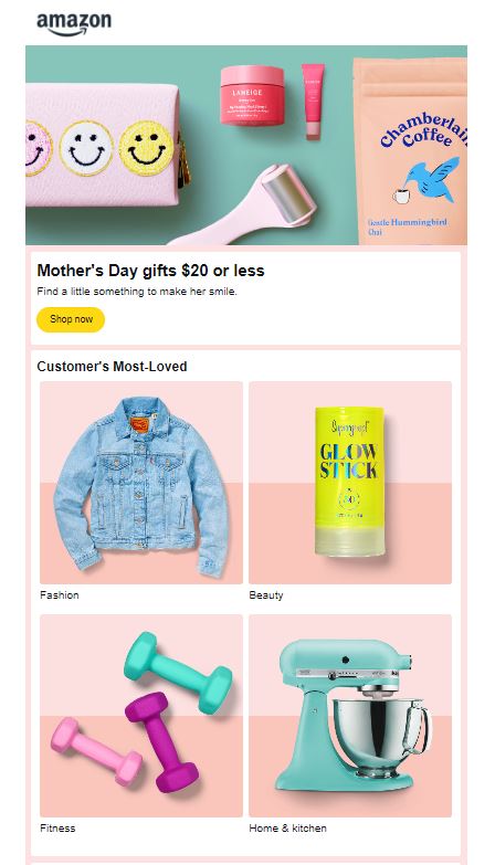 A screenshot of an Amazon email campaign for Mother’s Day gifts $20 or less
