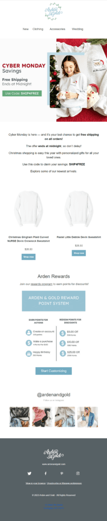 Arden & Gold Cyber Monday Free Shipping email