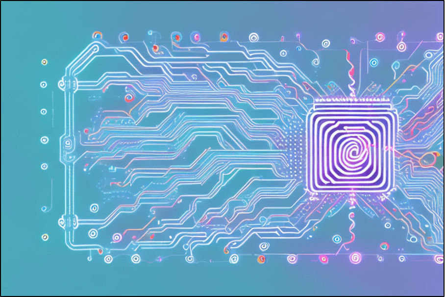 Neon-colored art depicting circuitry and a CPU