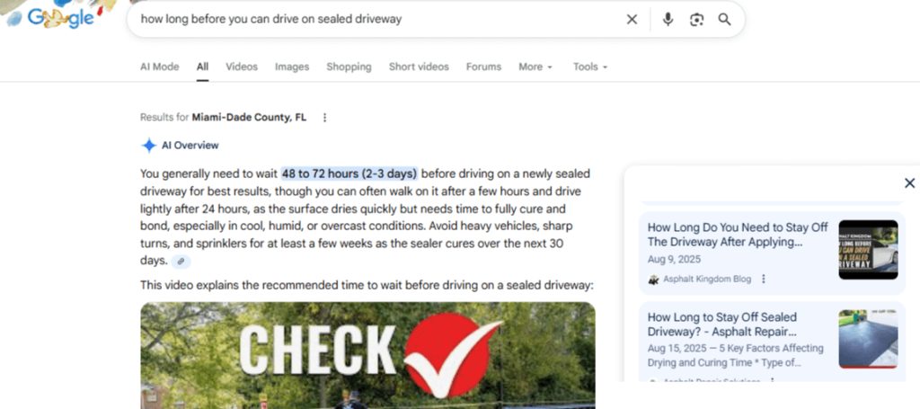 Google AI Screenshot for search query: how long before you can drive on sealed driveway?