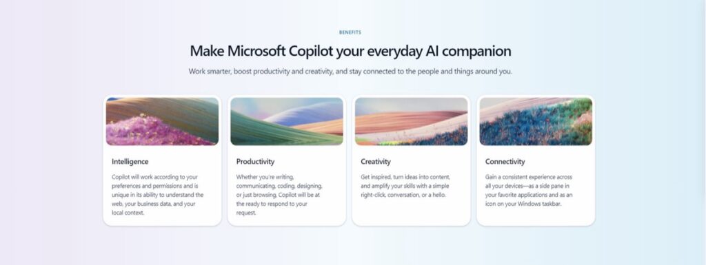 A screenshot highlighting the benefits of Microsoft Copilot
