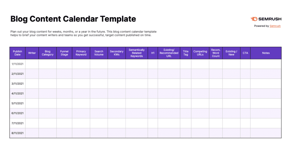 Image of a blog content calendar template