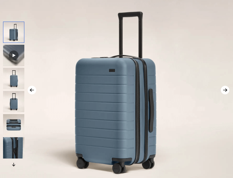 Blue Suitcase on Product Page with Photo and Video Thumbnails