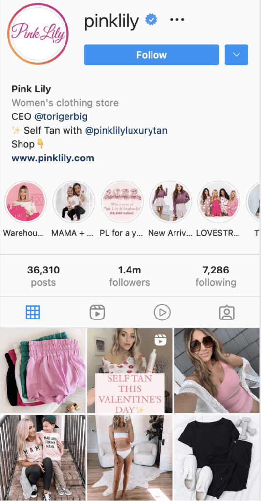 Pink Lily brand Instagram page