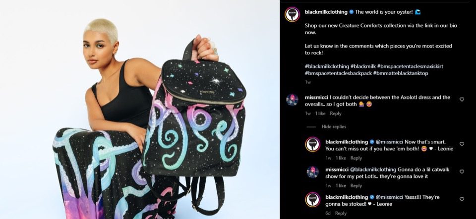 Blackmilk representative replying to comments on their Instagram post