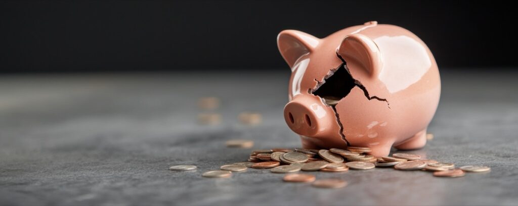 Cracked piggy bank with spilled coins representing budget cuts and financial strain in recession marketing