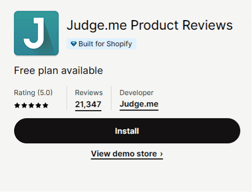 Judge.me Shopify app with the ‘Built for Shopify’ badge