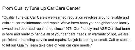 Highlighted keywords within the business description of an auto shop