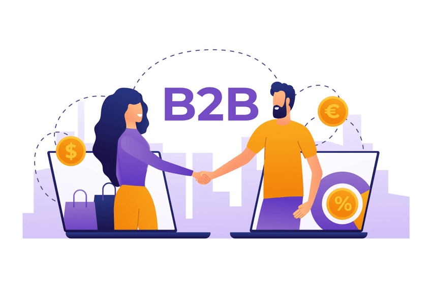 man and woman shaking hands with “B2B” at the background