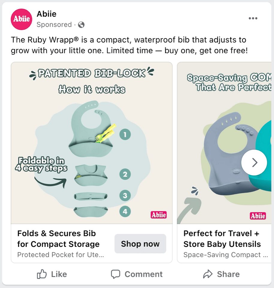 screenshot of a buy one get one Meta ad for bibs