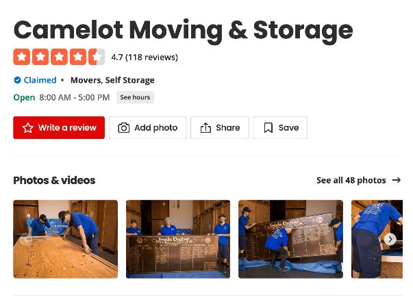 Camelot Moving & Storage Yelp listing