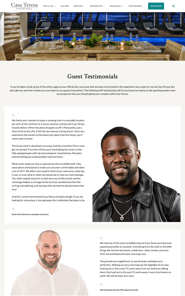Casa Teresa testimonials page