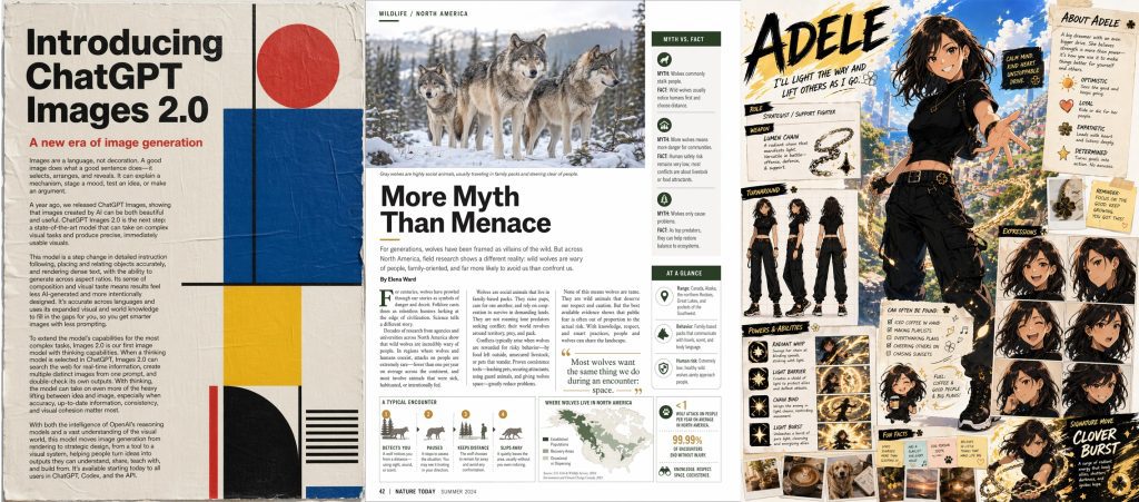 ChatGPT Images 2.0 examples showing a launch poster, wildlife magazine layout, and anime character sheet with dense visual details.