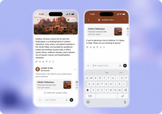 Two mobile ChatGPT screens showing a sponsored travel ad placement within a conversation.