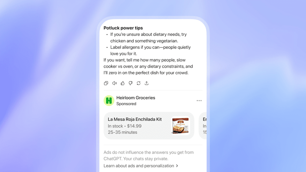 ChatGPT ads example showing a sponsored grocery placement below a potluck tips answer.