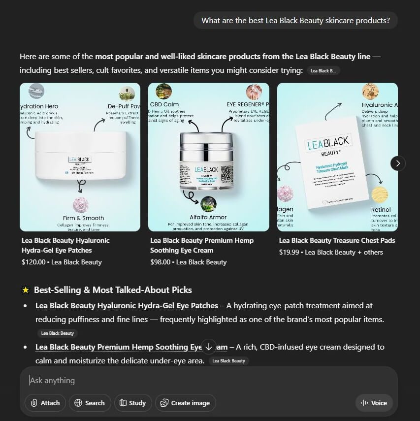 ChatGPT query for Lea Black Beauty products