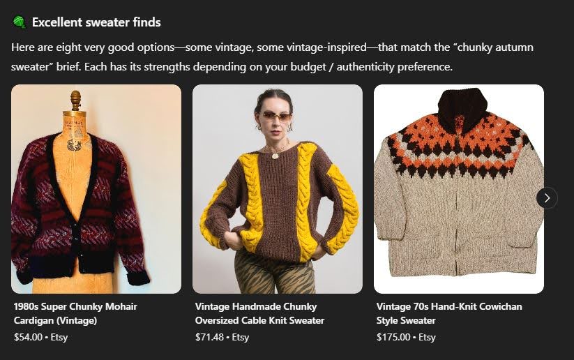 ChatGPT sweater suggestions when logged in