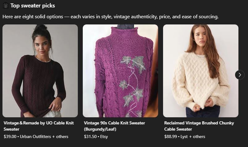 ChatGPT sweater suggestions when logged out