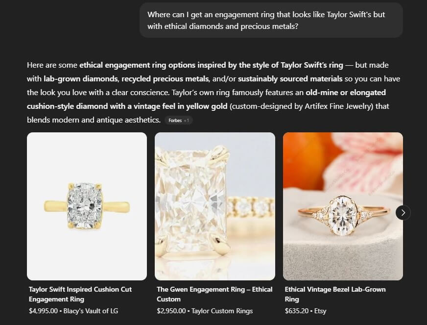 ChatGPT query on wedding rings similar to Taylor Swift’s