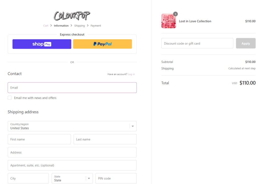 a checkout page for a cosmetics brand