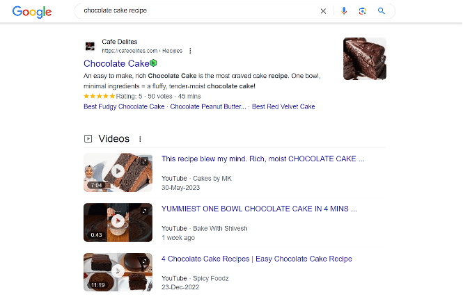 A search result of chocolate cake recipe