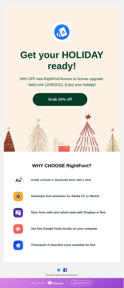 A Christmas-themed sale announcement email from RightFont