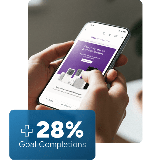 Smartphone showing email interface with +28% goal completions from Coalition Technologies’ Roku campaign