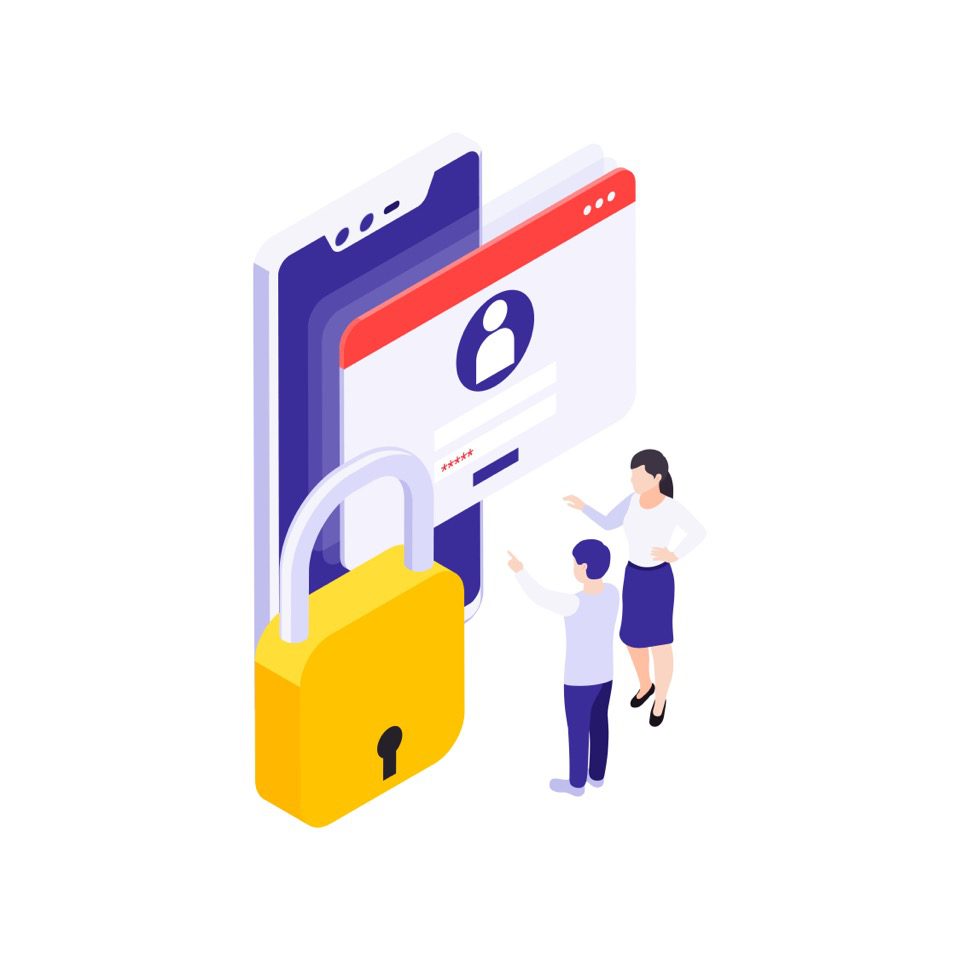 two persons in front of a padlock and password illustration