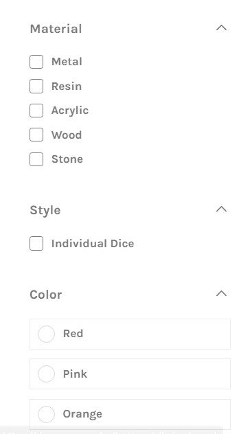 a collection filter display menu for dice