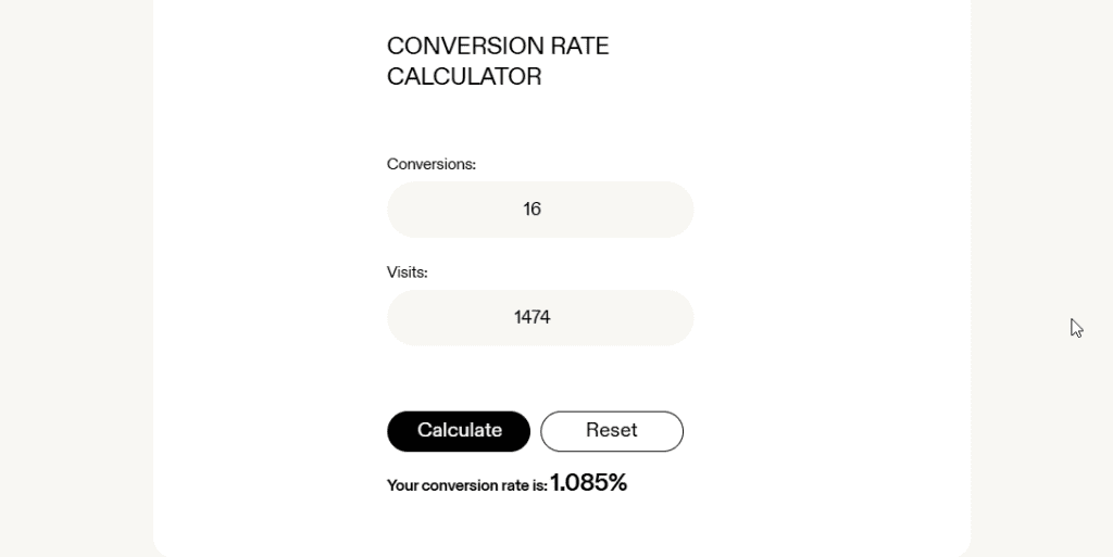 A screenshot showing the conversion rate for 1474 visits