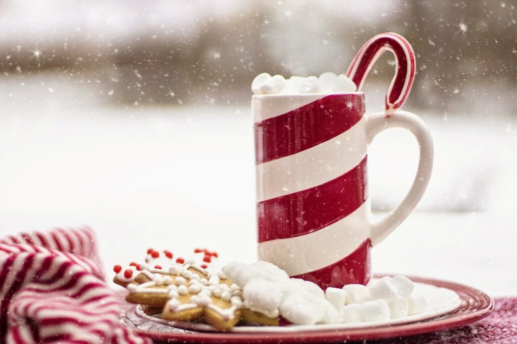 A plate with cookies and hot chocolate in a candy cane mug.
