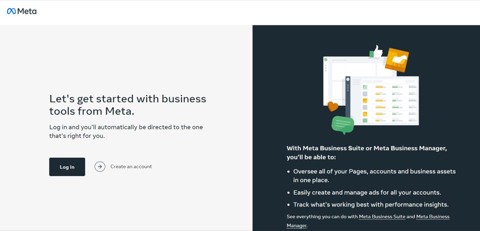 la page 'créer un compte' dans Meta Business Suite