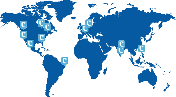 a blue world map showing the locations of Coalition’s team members