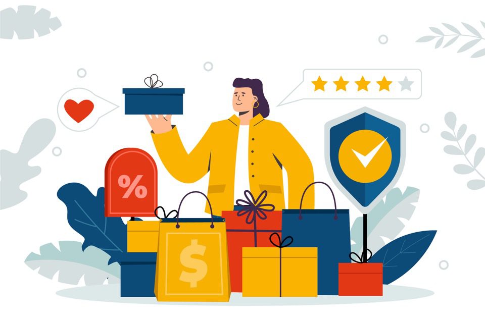 Illustration of a person with purchases and trust icons