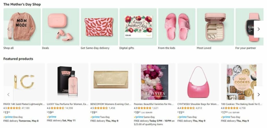 A screenshot of the Amazon Mother’s Day Shop page