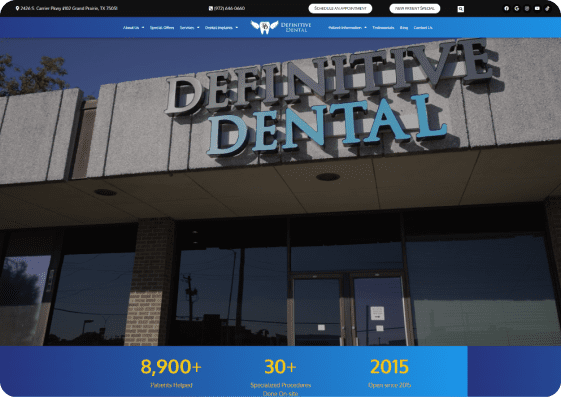 Website homepage showing the exterior of a dental clinic with branding and contact information