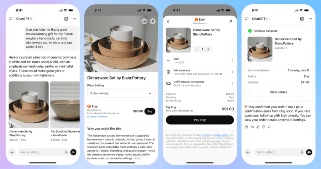 Four phone screens showing a dinnerware set being browsed and purchased all in ChatGPT