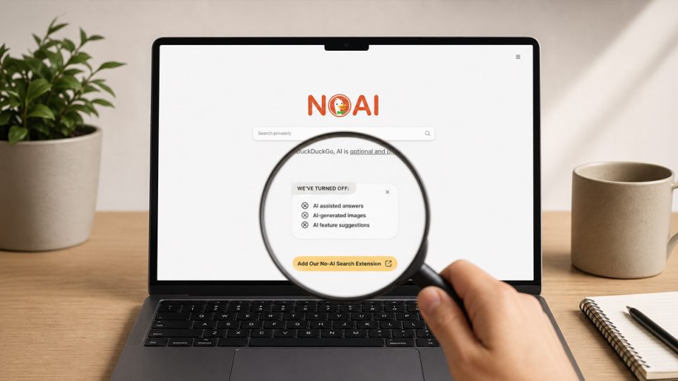 DuckDuckGo No-AI search engine interface on a laptop screen with a magnifying glass highlighting disabled AI features.
