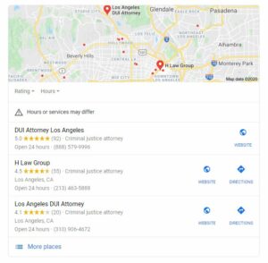 dui attorney map listings screenshot in Google