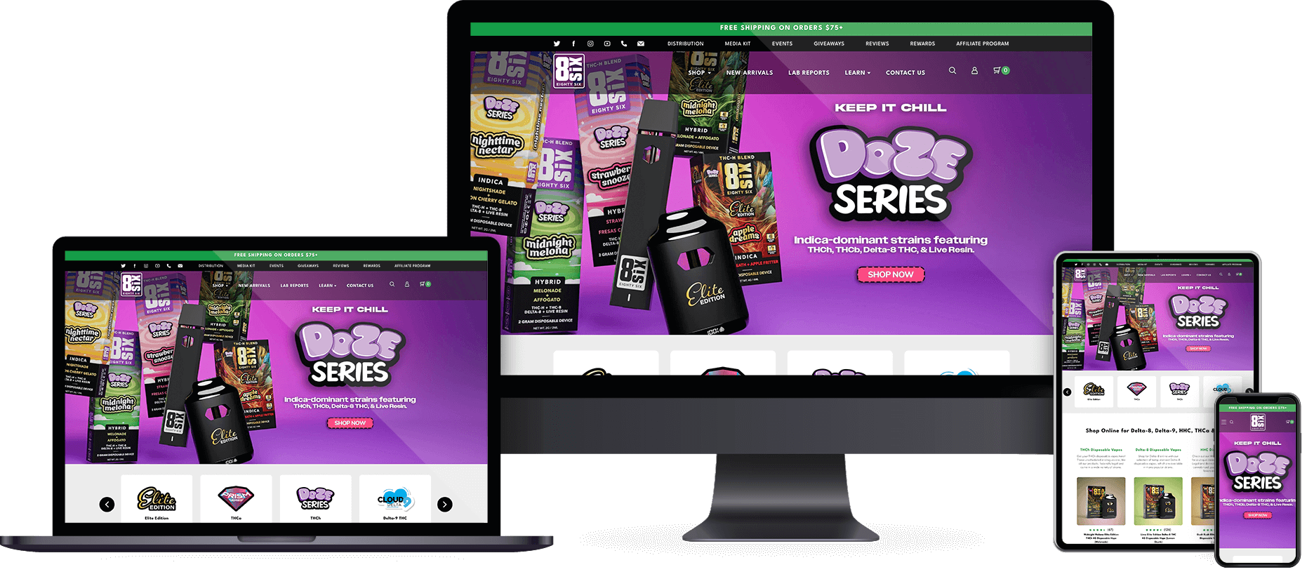 Responsive ecommerce website design for Eighty Six Brand displayed across desktop, laptop, tablet, and mobile screens