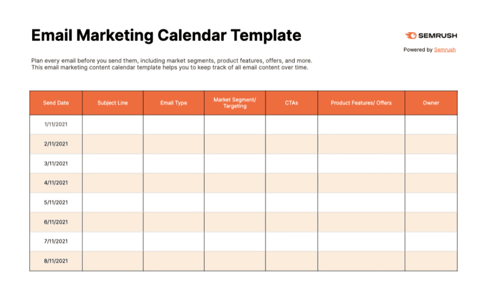 Image of an email content marketing calendar