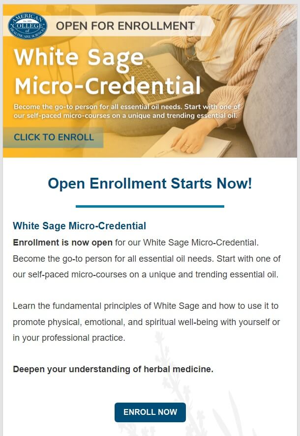 Screenshot of an email marketing newsletter promoting enrollment for an online