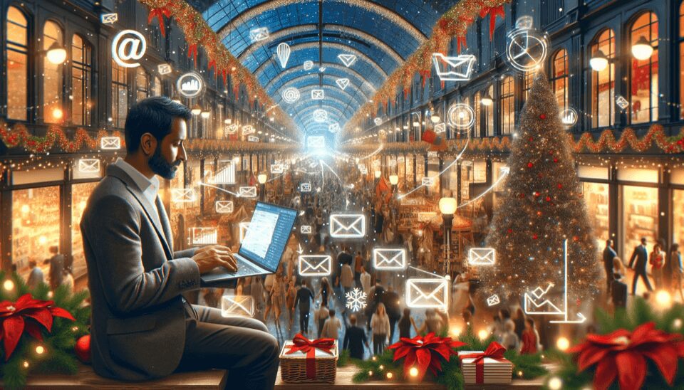 Man holding a laptop and sending emails amidst a festive shopping center
