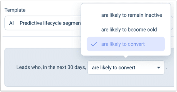 A dialog box showing email segmentation options