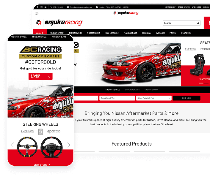 Enjuku Racing ecommerce website homepage displayed on desktop and mobile, showcasing responsive web design