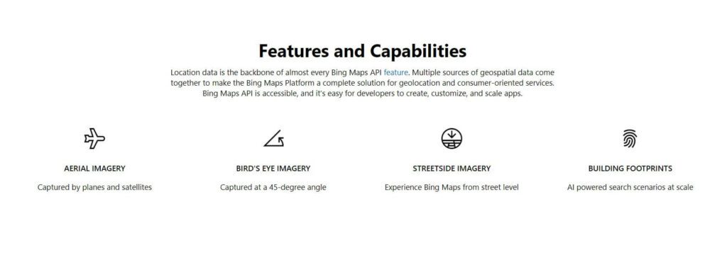 ‘features and capabilities’ section of a Bing Maps API page